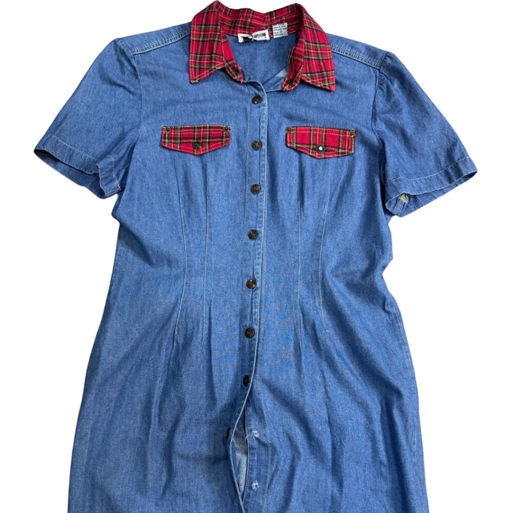 Vintage Plaid Collared Blue Jean Maxi Dress - Picture 6 of 6